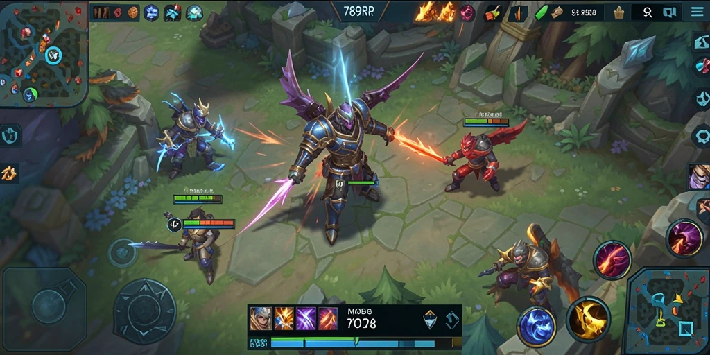 Screenshot gameplay menampilkan aksi intens dalam pertempuran MOBA 789RP.