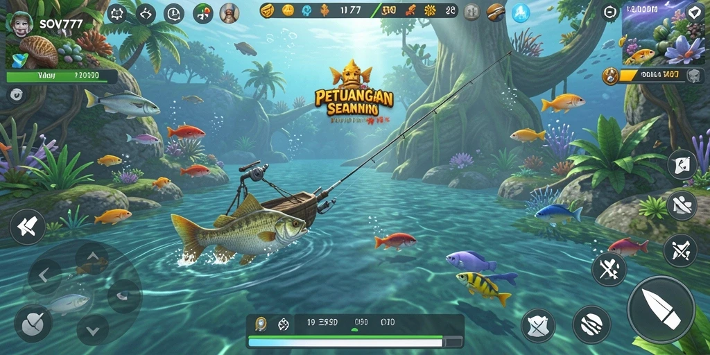 Tangkapan layar gameplay SOV777 saat memancing di danau yang tenang.